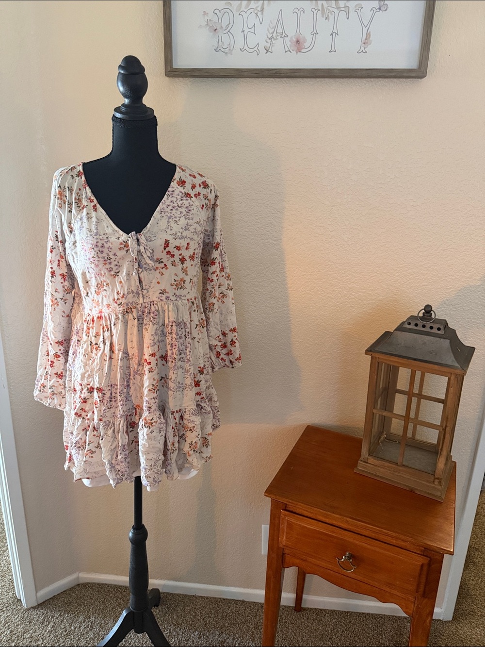 American Eagle Outfitters Cream Floral Tie-Front Peasant Tunic